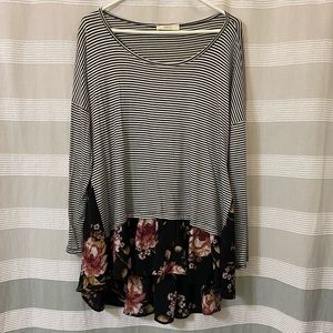 Striped/floral high low long sleeve top